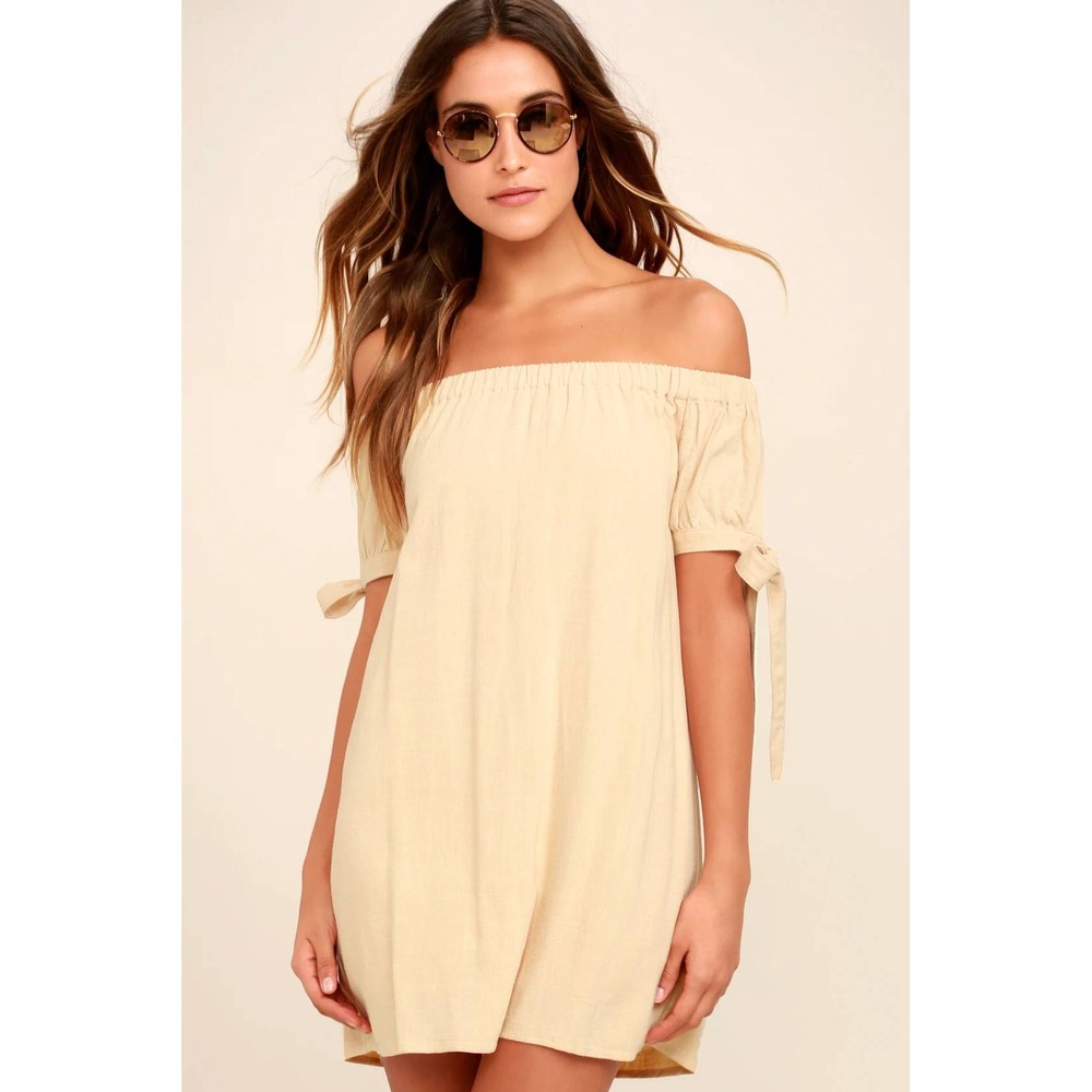 Lulus Al Fresco Evenings Beige Off-the-Shoulder Dress Size XS